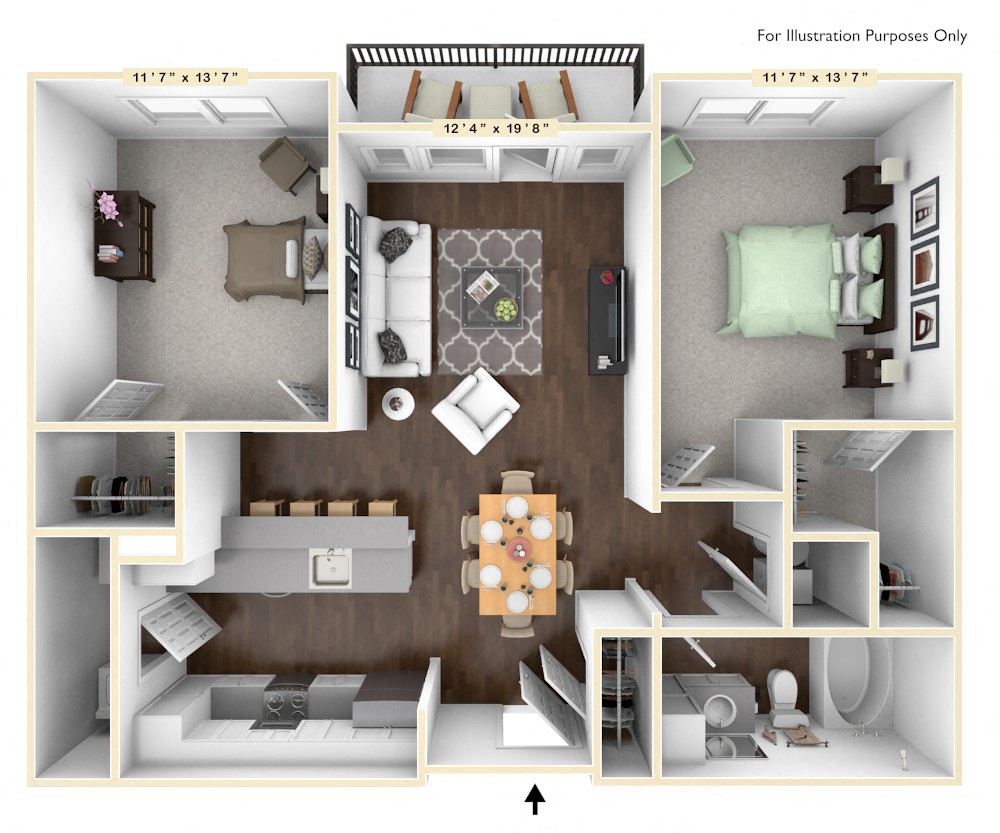 Floor plan for 2 beds, 1 bath, 1017 sqft